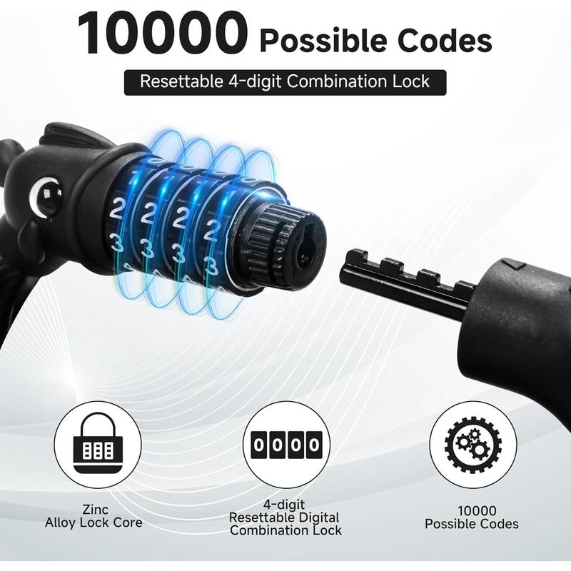 Bike Lock, 3.9 Feet 4-Digit Resettable Combination Password Anti-Theft Cable Lock, Cute Coiled Bike Lock with Mounting Bracket, Suitable for Bicycles, Electric Scooters, Ebikes (Black-10Mm)