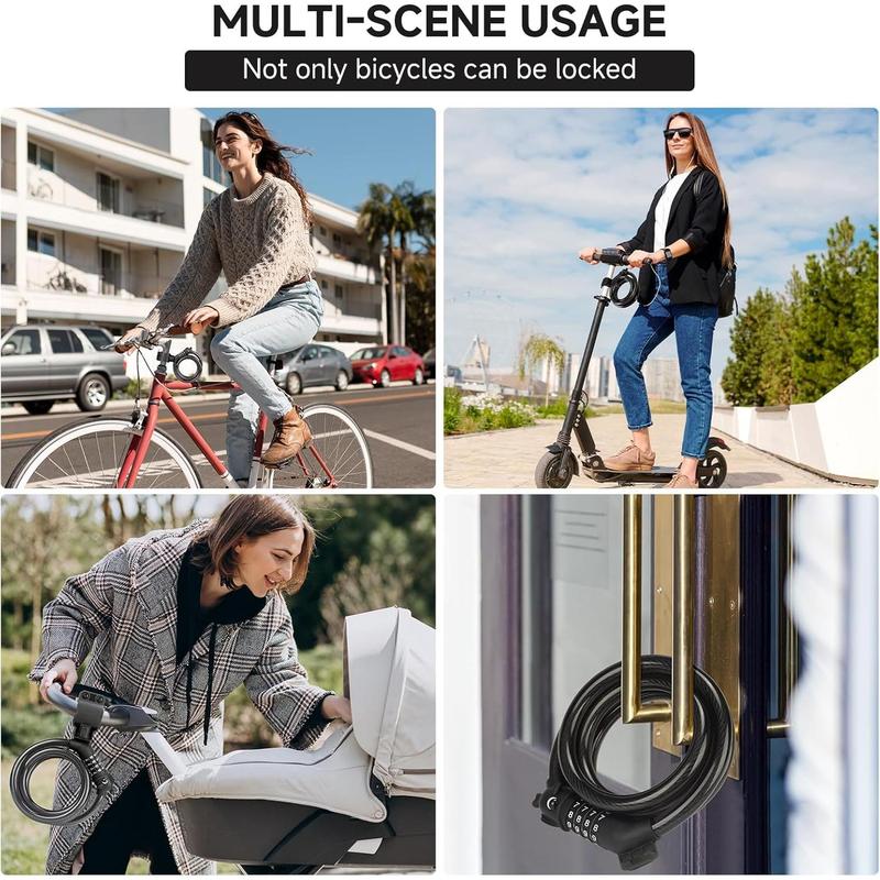 Bike Lock, 3.9 Feet 4-Digit Resettable Combination Password Anti-Theft Cable Lock, Cute Coiled Bike Lock with Mounting Bracket, Suitable for Bicycles, Electric Scooters, Ebikes (Black-10Mm)